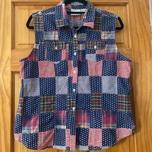 Vintage Y2K Patchwork Americana Flag Sleeveless Button Shirt Top L
